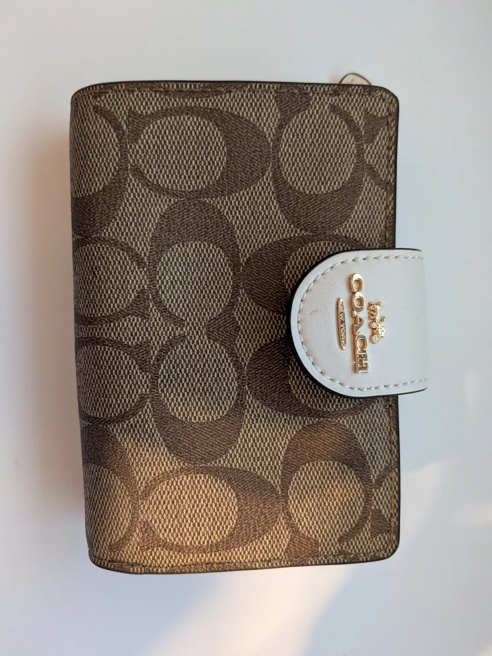 Coach Brown Signature Canvas Wallet with White Leather Snap